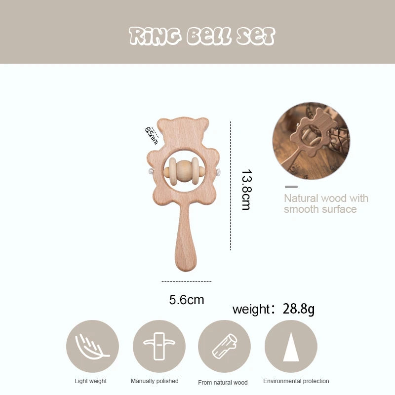 Wooden Rattles, Beech Hand Teething Cartoon Animal Bear, Musical Montessori Educational Toy Gifts