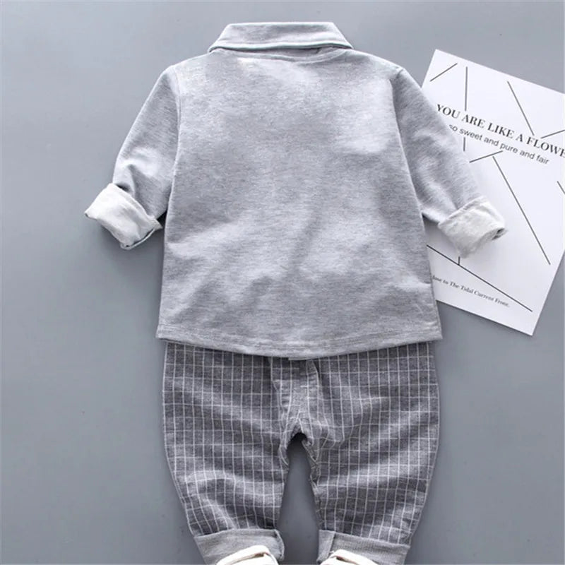 Boy Long Sleeve Sport Shirt + Tie + Pants 2Pcc Outfits, Spring Autumn 6M-3Y