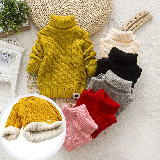 Plush inside pure color, winter boy/ girl thick Knitted turtleneck shirts, solid high collar, pullover fluff sweater 2Y - 6Y