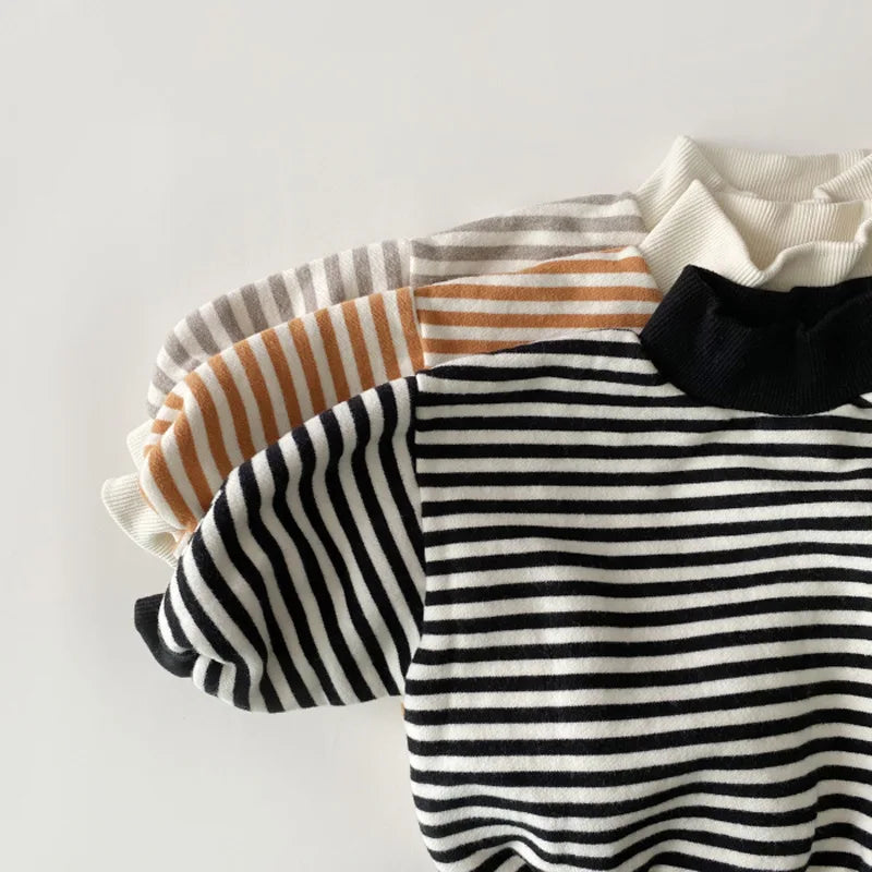 Baby Girls Striped Tops, Autumn Winter Thicken Warm High-neck Sweatshirt, Cotton