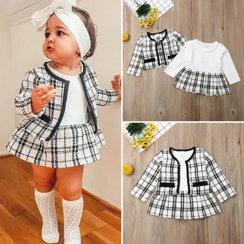 2Pcs Autumn Winter Girl Plaid Coat, Tutu Dress Suit, Toddler Girl Clothing Set