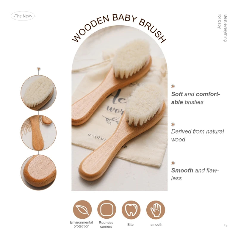 Newborn Baby Natural Wooden Boys, Girls Soft Wool Hair Brush, Head Comb, Infant Head Massager, Portable Bath Brush Comb For Kids