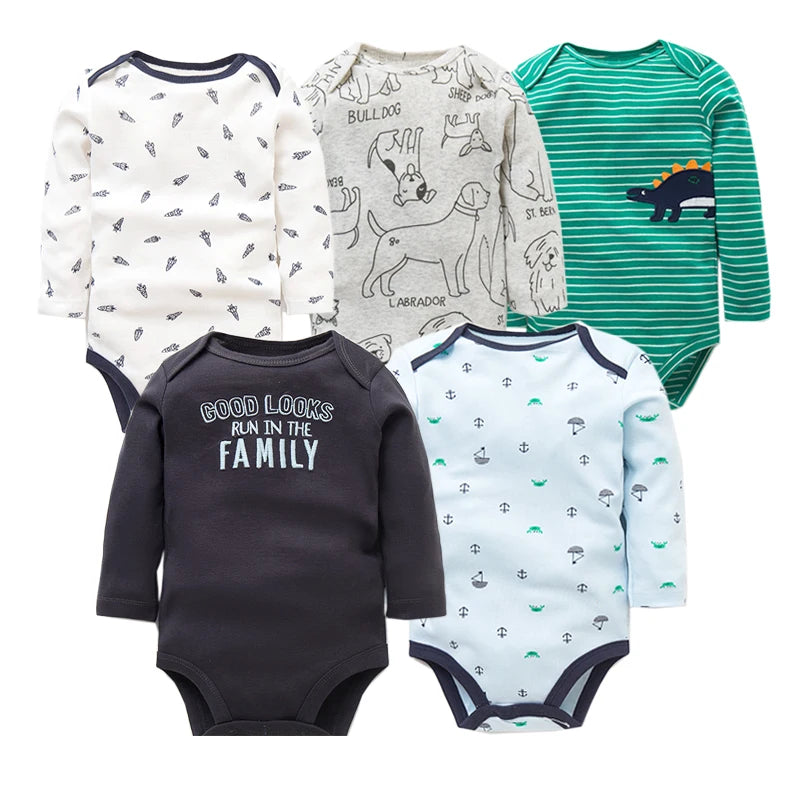 5PC  Long Sleeve Cotton Baby Bodysuits, Unisex