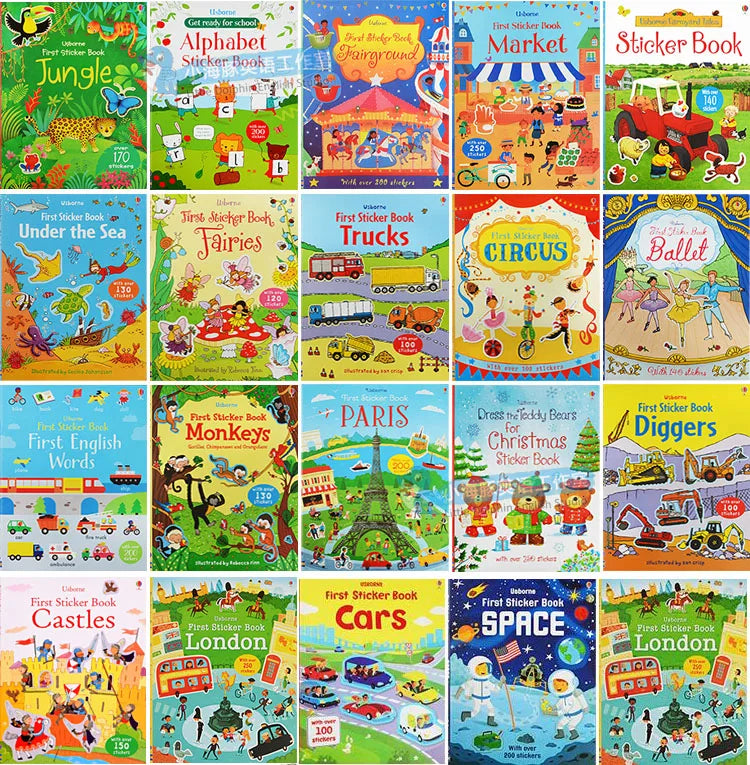 5 Books/Set Usborne Children English Picture Sticker Book, Cars, Farm Animals