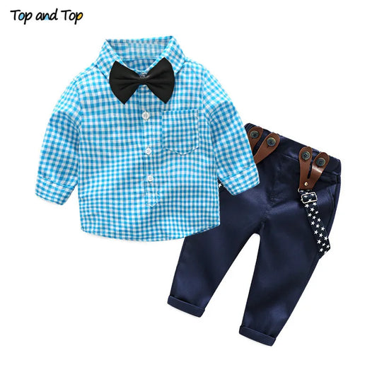 Baby Sets Infant Clothing, Gentleman Suit Plaid Bow Shirt + Suspender Trouser  3  - 24M