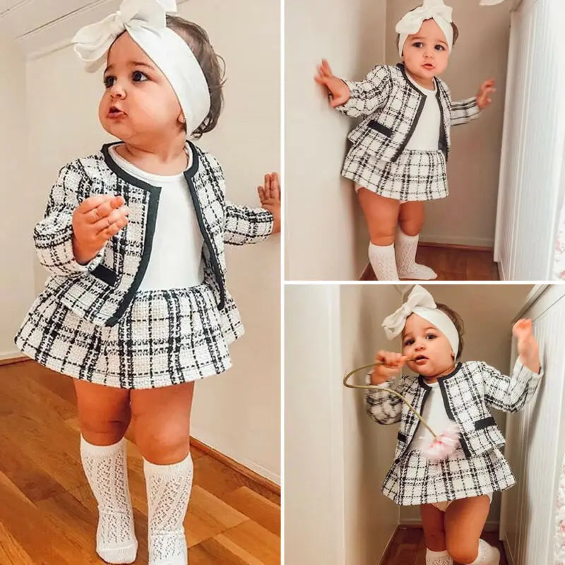 2Pcs Autumn Winter Girl Plaid Coat, Tutu Dress Suit, Toddler Girl Clothing Set