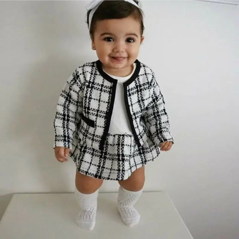 2Pcs Autumn Winter Girl Plaid Coat, Tutu Dress Suit, Toddler Girl Clothing Set