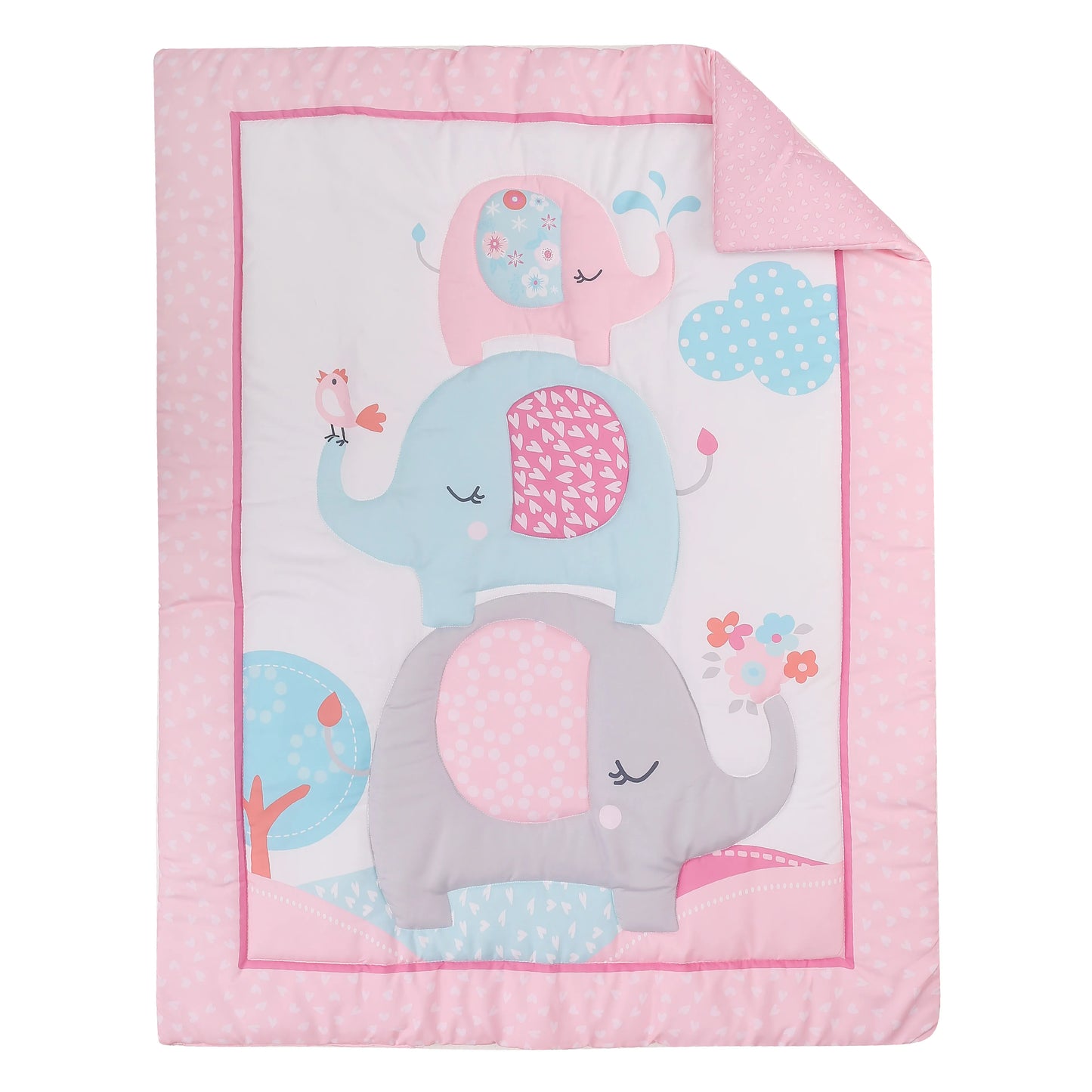 3 pcs Baby Crib Bedding Set for Girls flower elephant hot sale including quilt, crib sheet, crib skirt