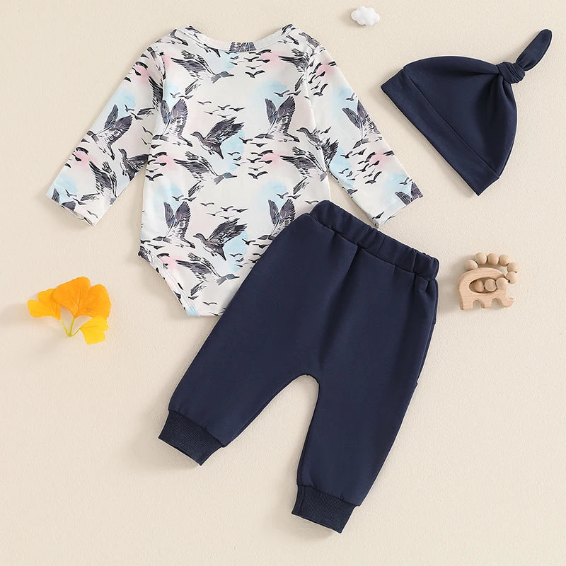 3-Piece Baby Boys Set, Animal Print Long Sleeve Round Neck Romper, Drawstring Pockets Long Pants, Hat Outfits 0-18M