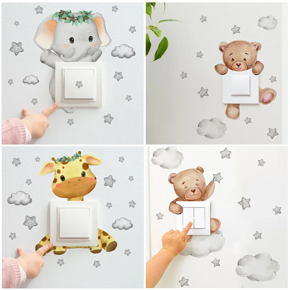 Cute Giraffe, Bear, Elephant, Star Switch Sticker, Baby Bedroom Decoration, Self-adhesive Home Decor Wallpaper, Child Wall Decals