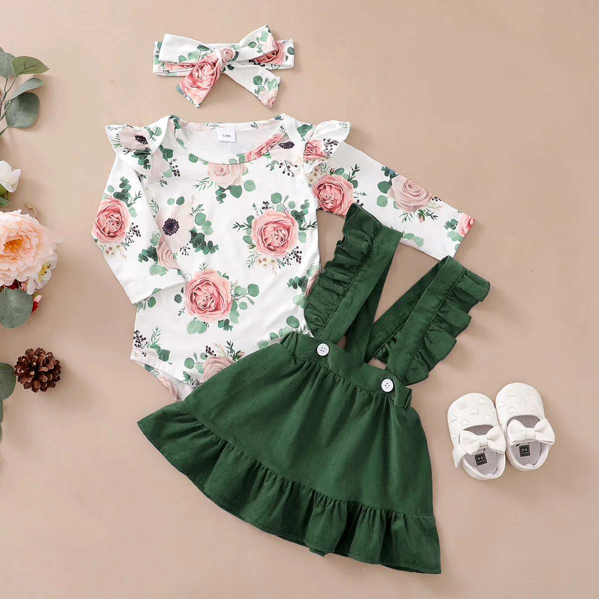 0-12 Months Newborn Baby Girl Clothes Set, Flowers Print Long Sleeve Romper Top, Suspender Skirt