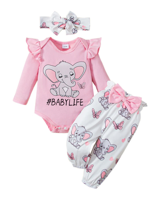 Baby Girls 0-18 Months Elephant Pattern Romper and Pants and Headband Outfit