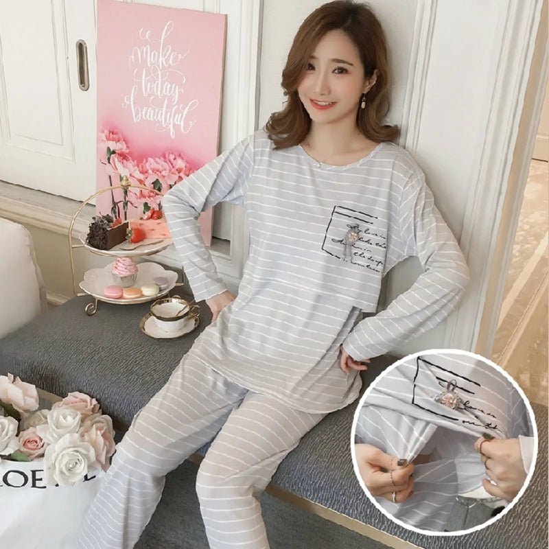 Women Nursing Pajamas, Home Wear, Spring, Autumn, Cute Breastfeeding Long-sleeved Pregnancy Sleepwear, Plus Size