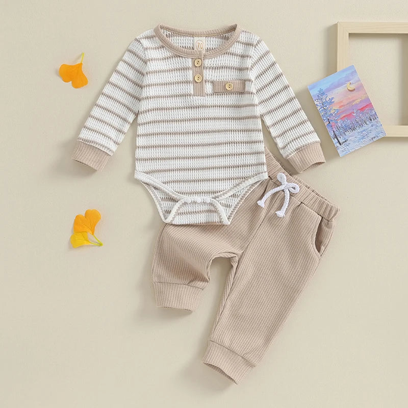 [ 0-18M] Waffle Knit Striped Romper Long Pants Set