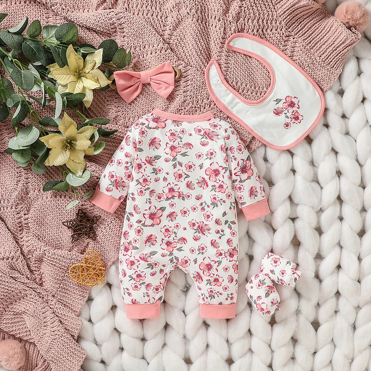 4Pcs Baby Girl's Newborn Full Sleeve Printed Floral All Seasons Cute Jumpsuit + Bib + Headband + Gloves