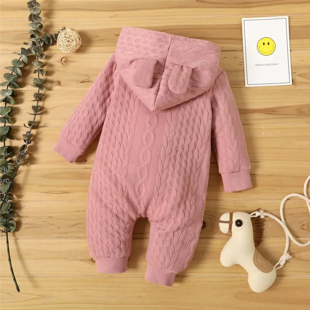 0-18 Months Newborn Baby Girl Bodysuit, Solid Color Hoodie, Long Sleeve Romper, Autumn & Winter Warm Clothes For Baby