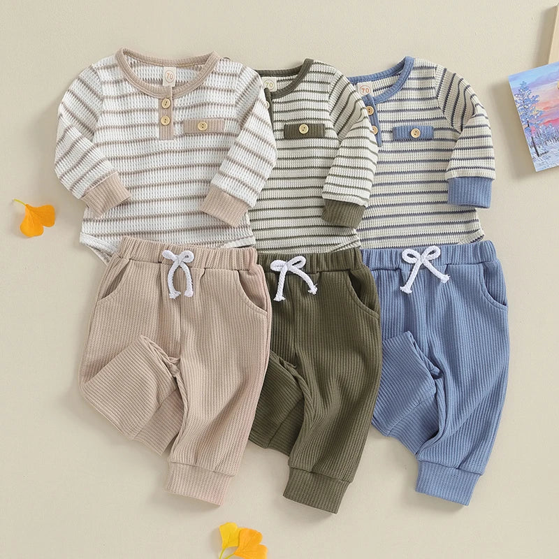 [ 0-18M] Waffle Knit Striped Romper Long Pants Set