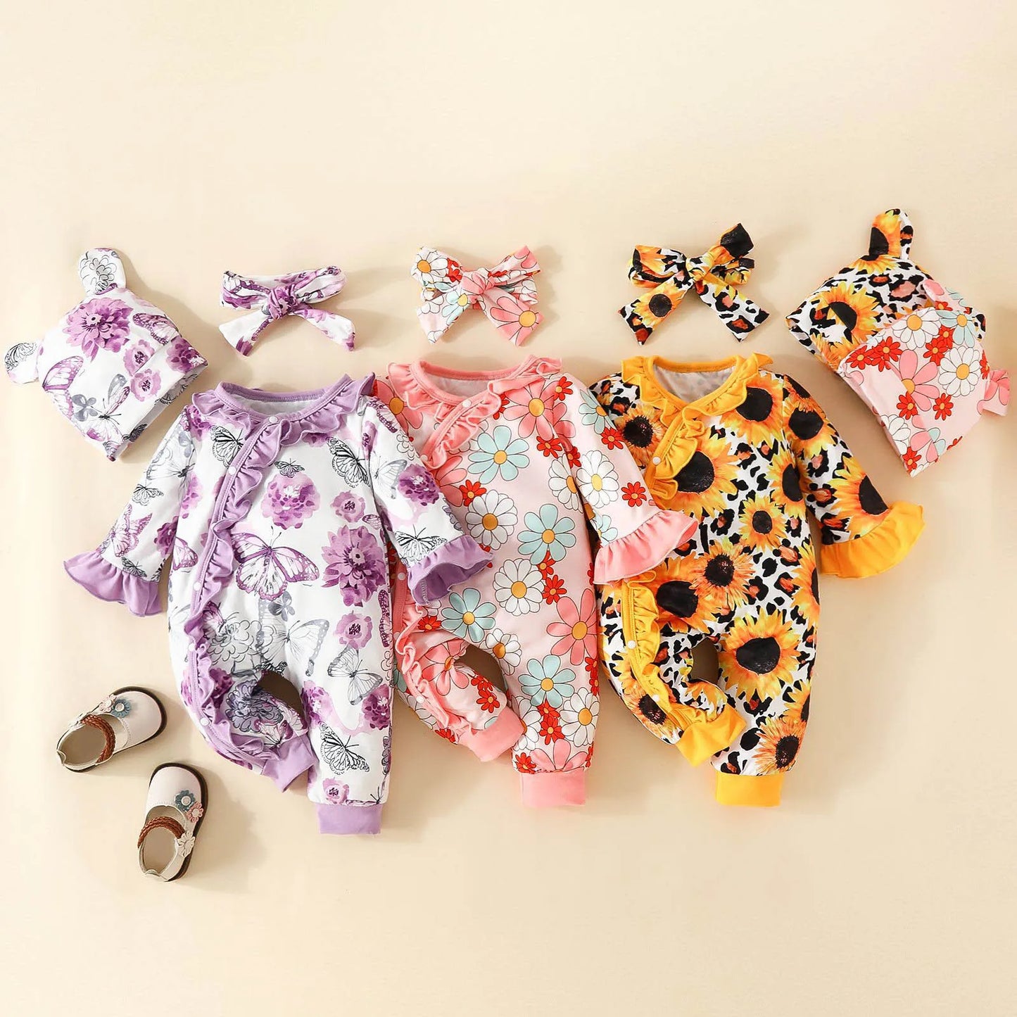 3pcs Newborn Baby Girls Fall / Winter Ruffle Sunflower Rompers, Onesie, Headband, Hat, Clothes 0 to 18 Months