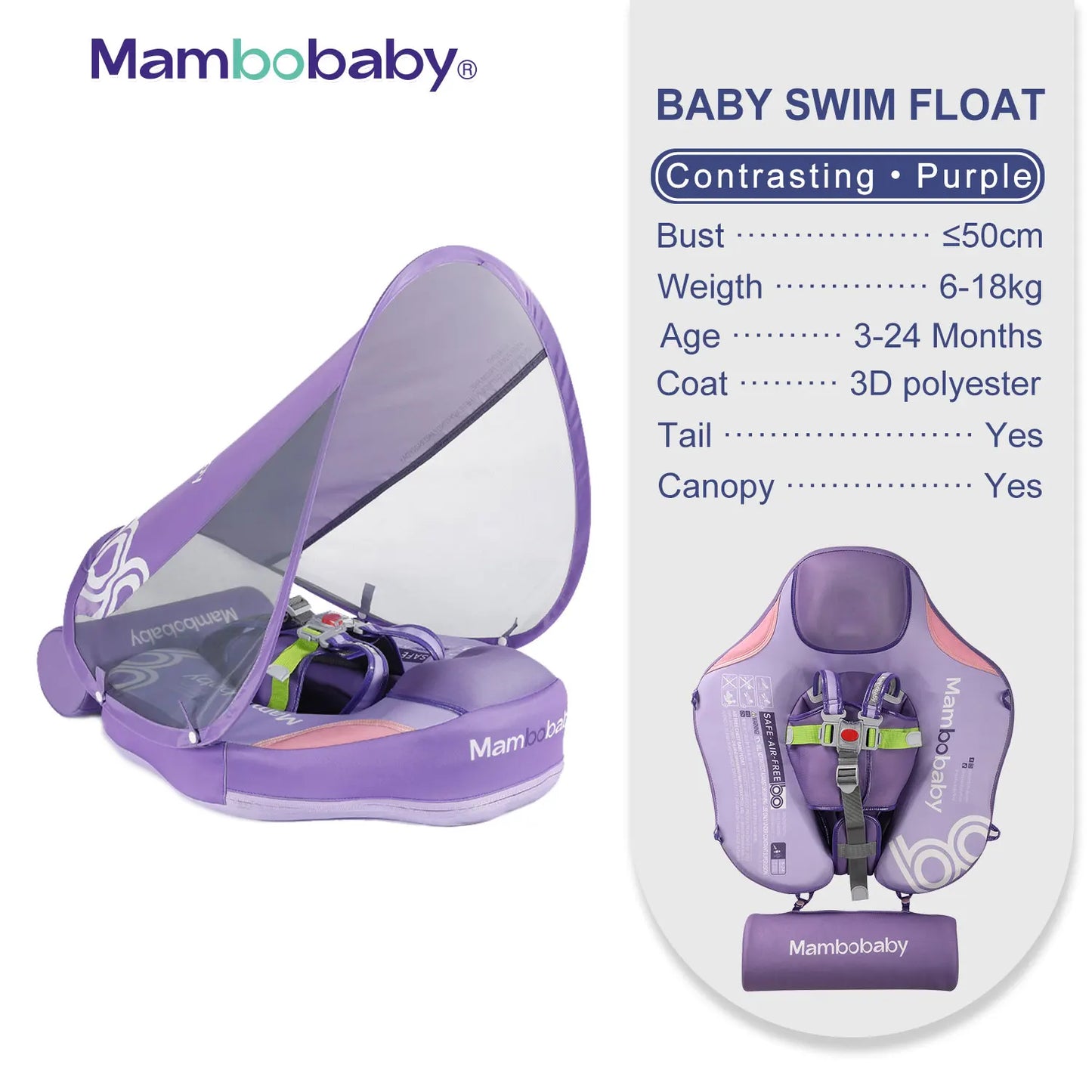 Baby Float with Sunshade Canopy and Crotch Strap Inflatable-free Safe Core Swimming Pool