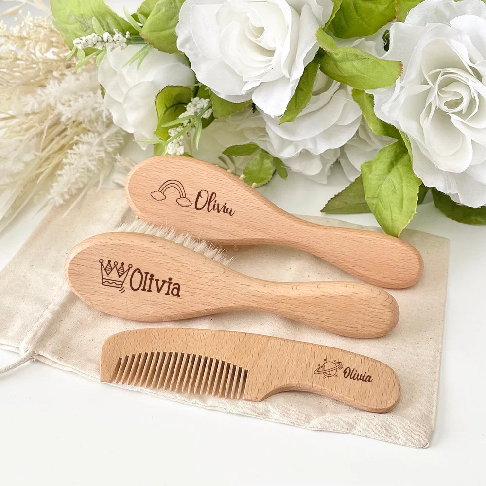 Personalized Pure Natural Wool Baby Wooden Brush, Newborn Hair Brush, Baby Shower Gift