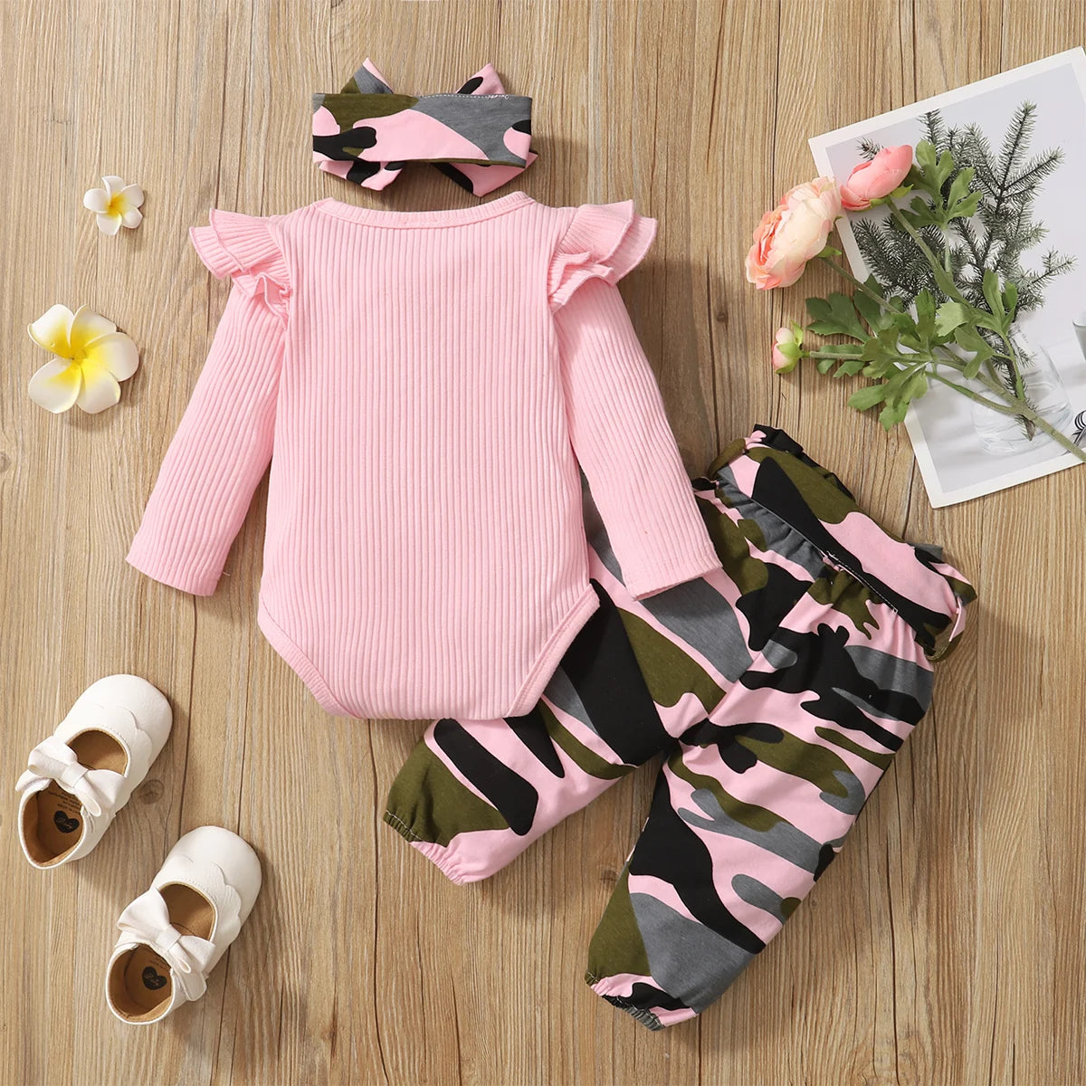 0-18 Months Newborn Baby Girl Clothes Set, Long Sleeve Bodysuit + Camouflage Pants + Headband