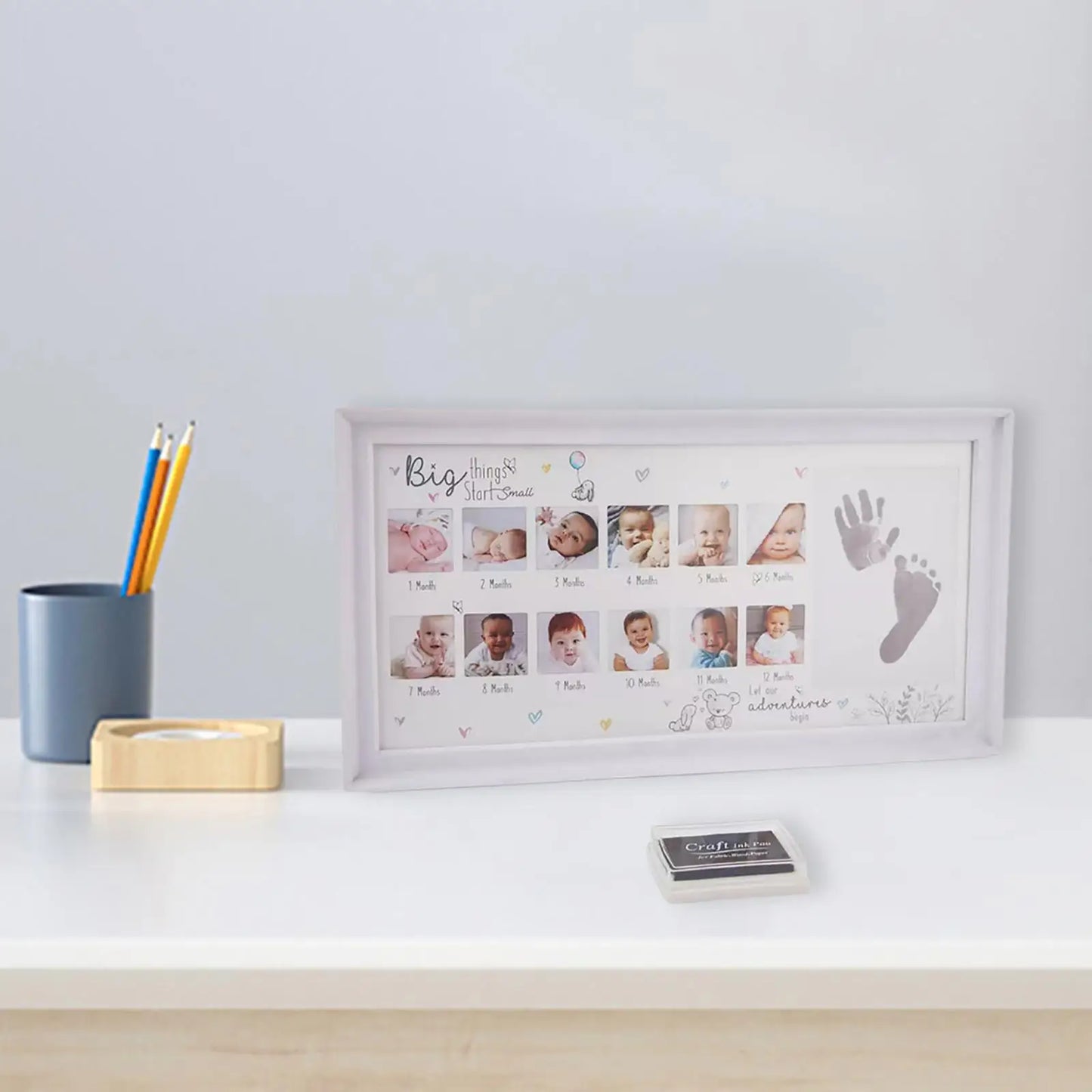 Baby Photo Frame Newborn 0-12 Month, My First Year Baby Picture Frame with Ink Pad Footprint & Handprint