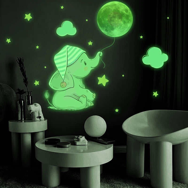 Baby Elephant Moon Luminous, Wall Sticker For Baby Room, Bedroom Home Decoration Decals, Glow In The Dark Combination Stickers