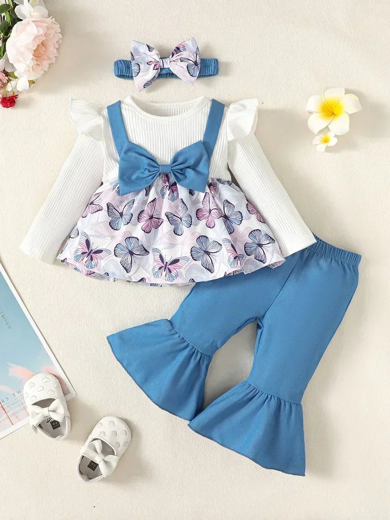 3Pcs Baby Girl Clothes Sets Bowknot, Red Top, Love Printed Trousers, Casual Infant / Toddler Clothing 3M 6M 12M