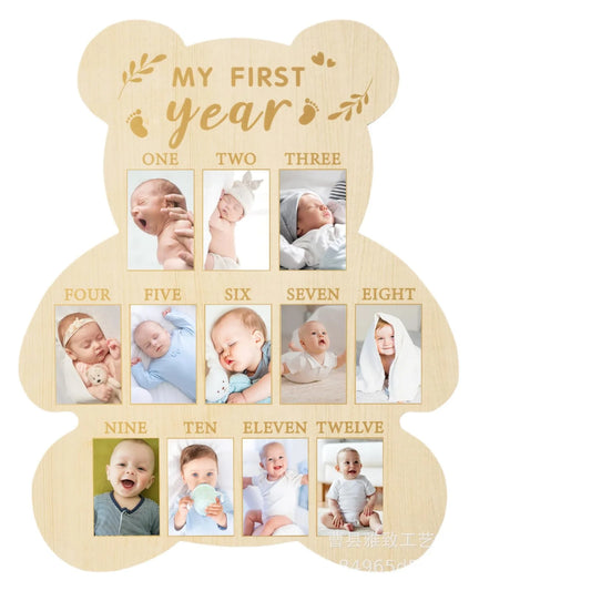 One Year Baby Birthday Photo Frame, Wooden My First Year Milestone Board, 12 Month Picture Display