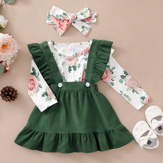 0-12 Months Newborn Baby Girl Clothes Set, Flowers Print Long Sleeve Romper Top, Suspender Skirt