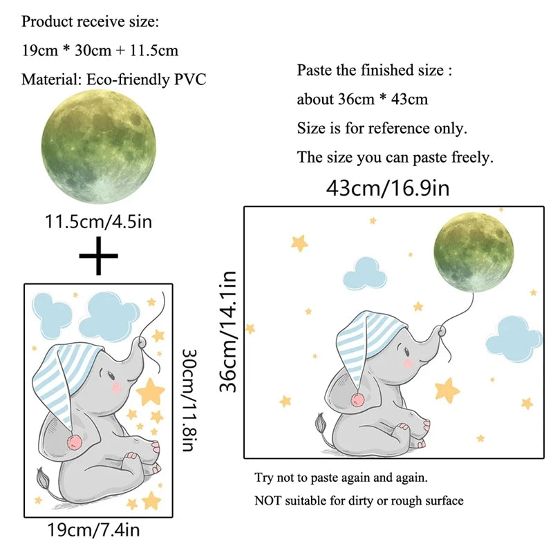 Baby Elephant Moon Luminous, Wall Sticker For Baby Room, Bedroom Home Decoration Decals, Glow In The Dark Combination Stickers