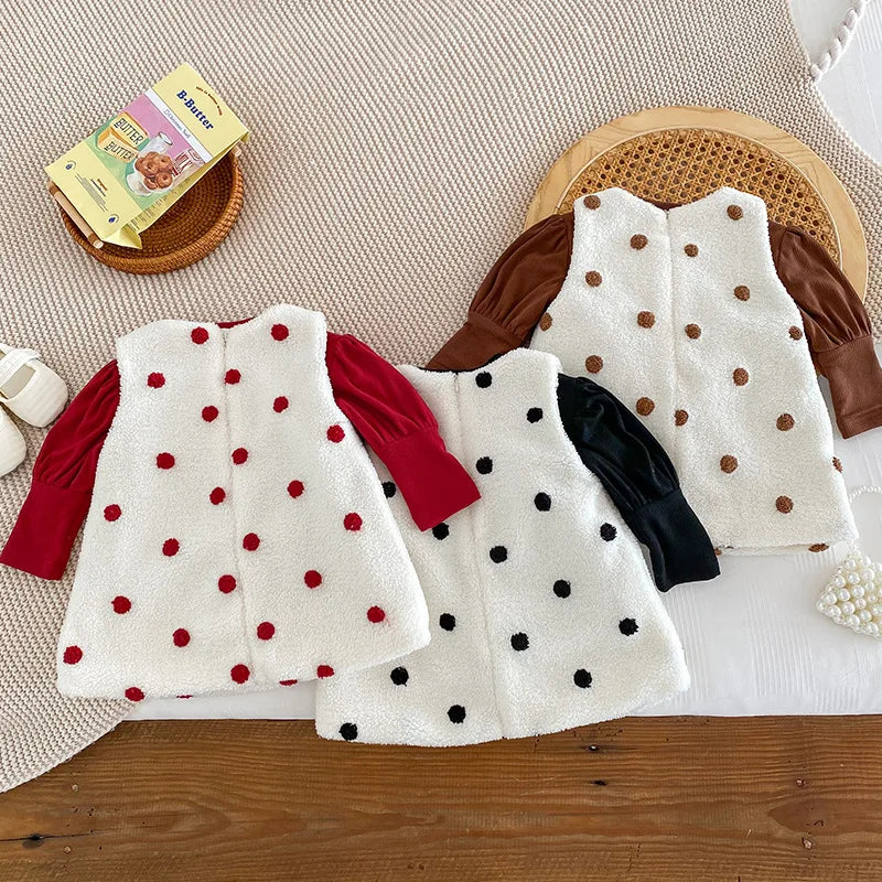 2024 Autumn Winter Infant Girl Polka Dot Vest Dress, Toddler Girls Solid Bow Outerwear, Baby Girls Plush Thickened Cotton Dress