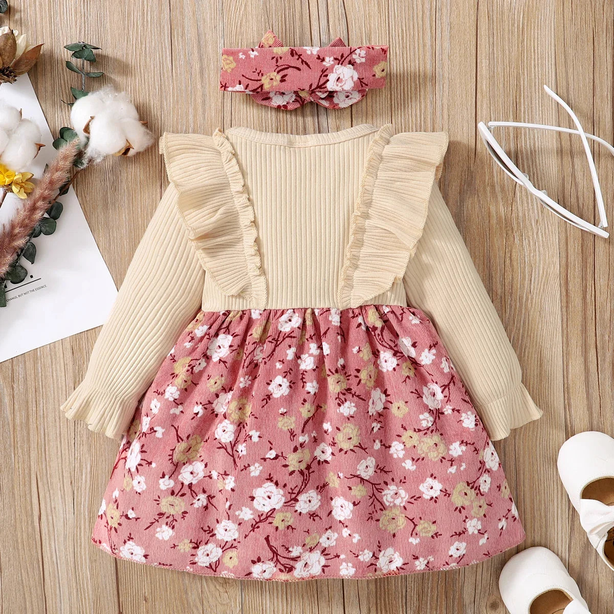 2pcs Baby Ribbed Ruffle Long-sleeve Splicing Floral Print Corduroy Dress Set Soft and Comfortable Basic Style