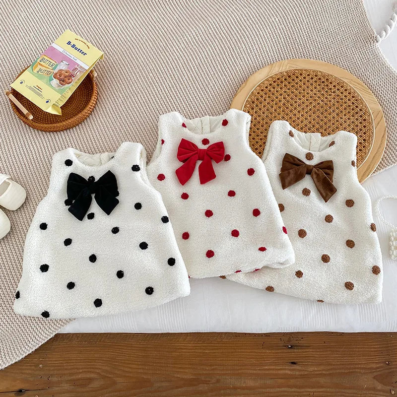 2024 Autumn Winter Infant Girl Polka Dot Vest Dress, Toddler Girls Solid Bow Outerwear, Baby Girls Plush Thickened Cotton Dress