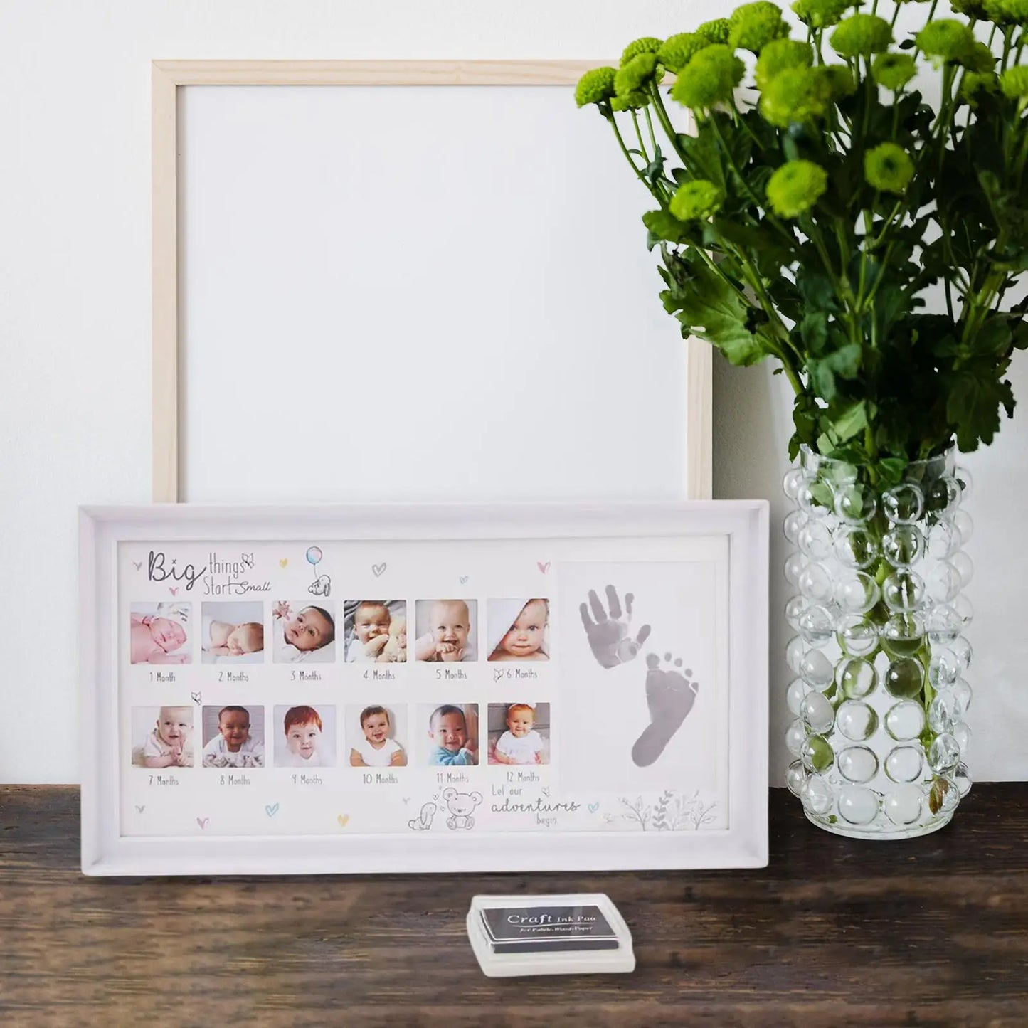 Baby Photo Frame Newborn 0-12 Month, My First Year Baby Picture Frame with Ink Pad Footprint & Handprint