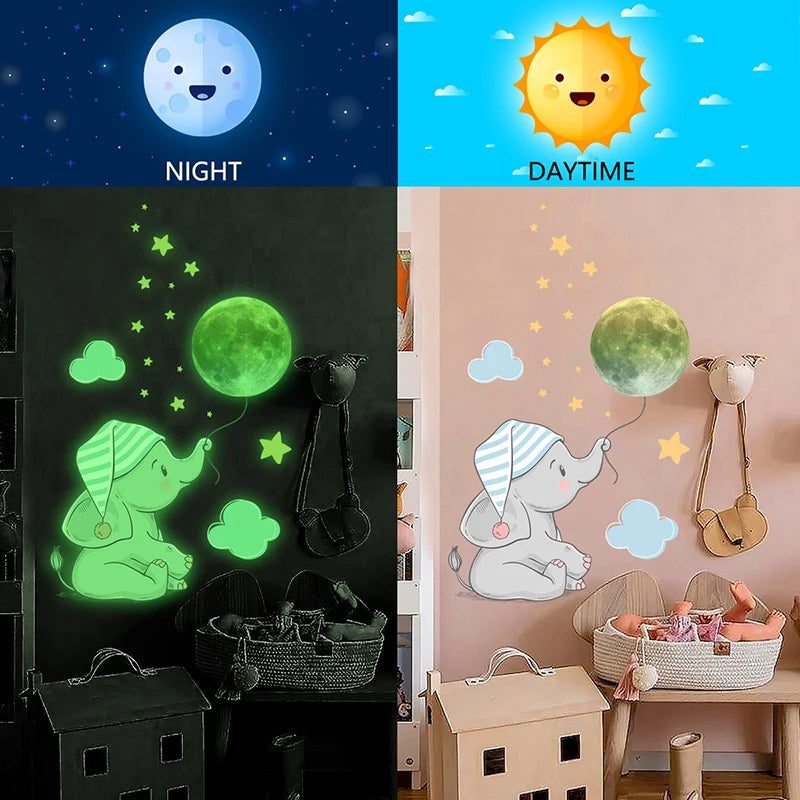 Baby Elephant Moon Luminous, Wall Sticker For Baby Room, Bedroom Home Decoration Decals, Glow In The Dark Combination Stickers