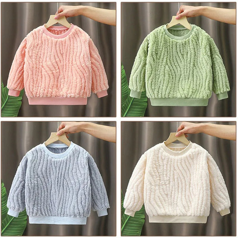 Autumn Winter, Children Plush Warm Long-sleeved Round Neck Tops