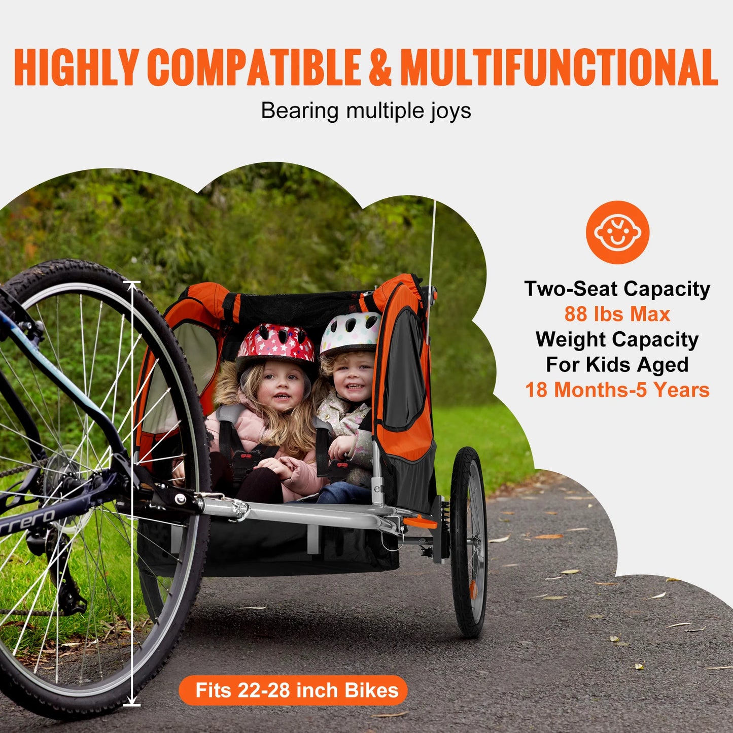 Double Seat Carrier Converts to Stroller, Foldable Children Bicycle Trailer for Toddlers Kids