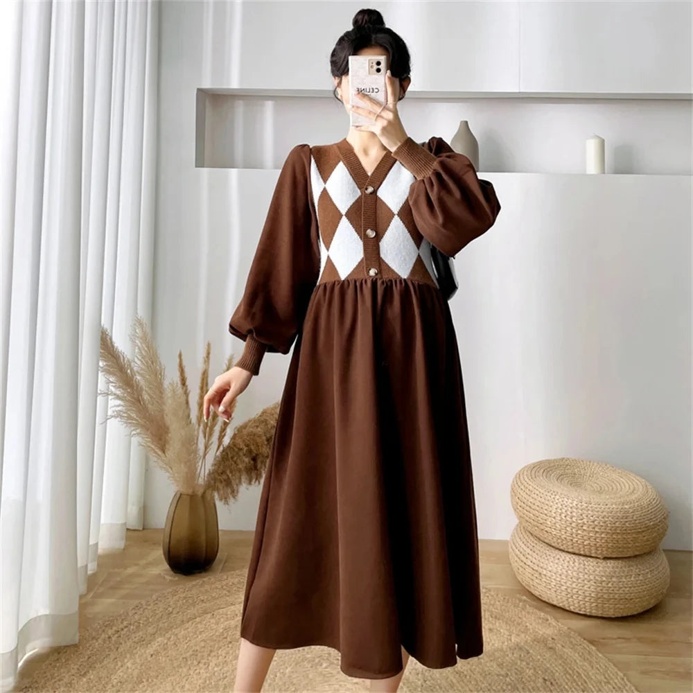 Autumn Button V Neck Patchwork Female Maternity Dress Sweater