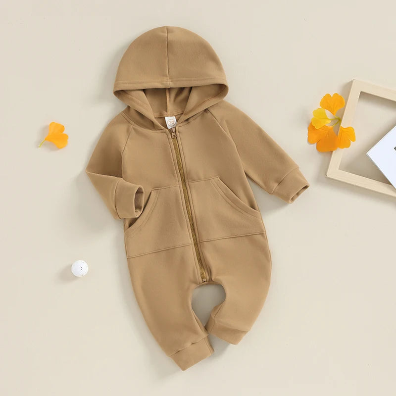 0-24M Baby ,Solid Color Long Sleeve Zipper Hooded Jumpsuit