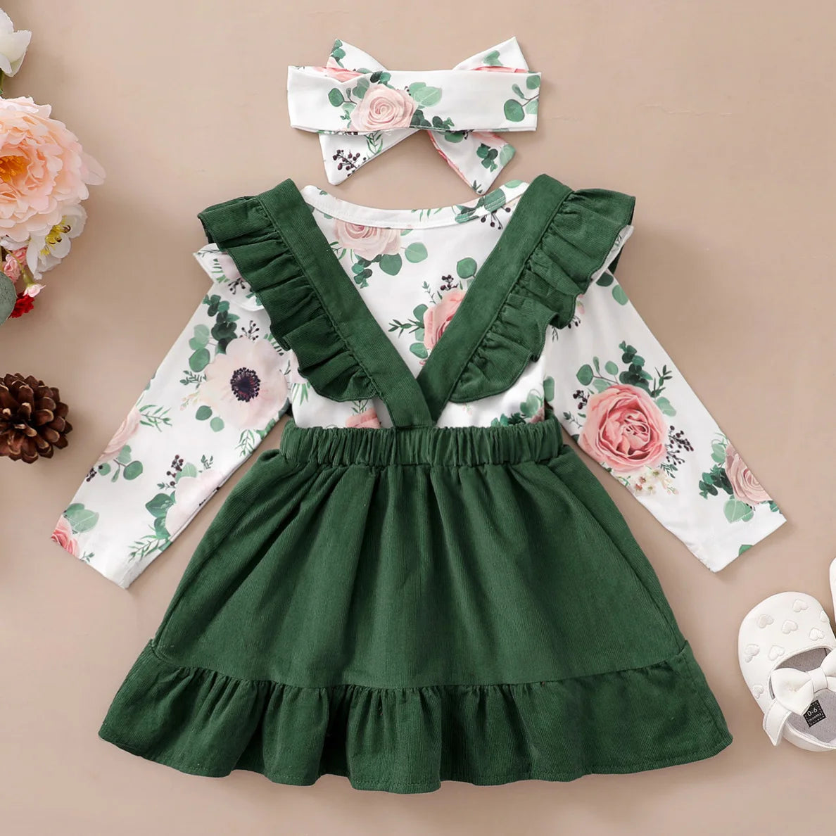 0-12 Months Newborn Baby Girl Clothes Set, Flowers Print Long Sleeve Romper Top, Suspender Skirt