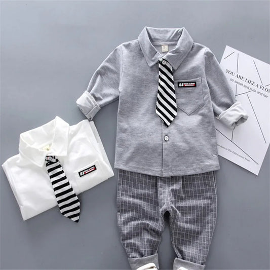 Boy Long Sleeve Sport Shirt + Tie + Pants 2Pcc Outfits, Spring Autumn 6M-3Y