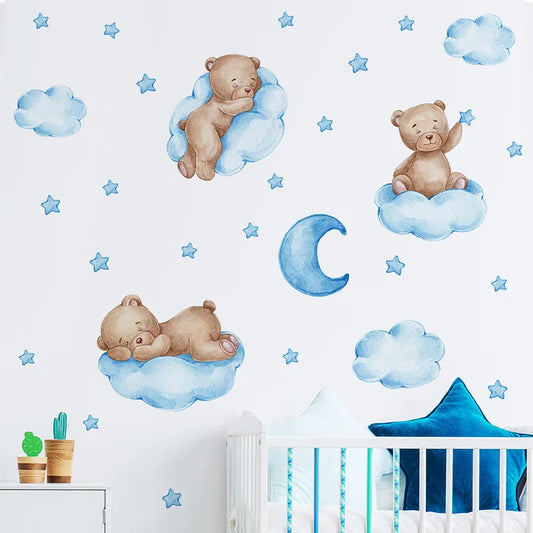 3 Colors Cartoon Bear Clouds, Moon Wall Stickers for Baby Nursery Decor Wallpaper Boys Girls Bedroom Wall Decals