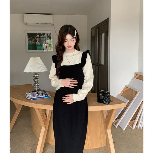 Maternity Dress, Autumn / Winter, Long Sleeve, Fake Two Pieces Dress