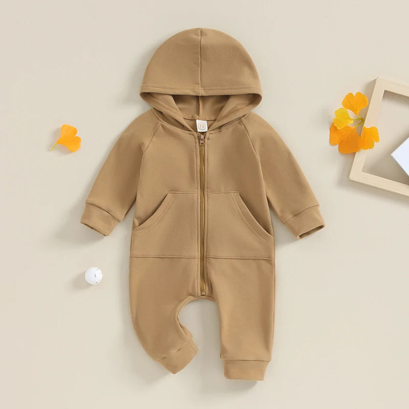 0-24M Baby ,Solid Color Long Sleeve Zipper Hooded Jumpsuit