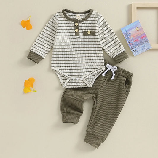 [ 0-18M] Waffle Knit Striped Romper Long Pants Set