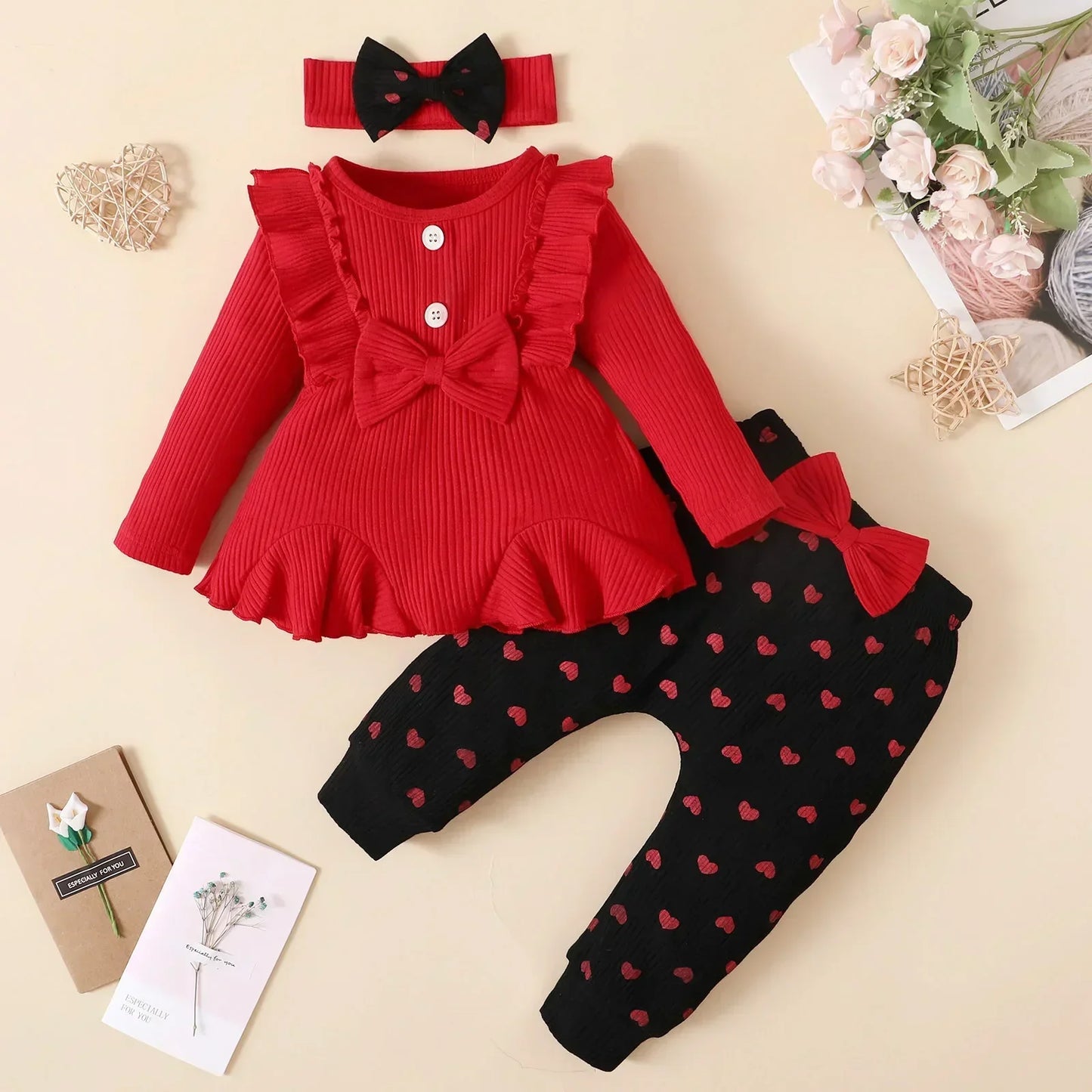 3Pcs Baby Girl Clothes Sets Bowknot, Red Top, Love Printed Trousers, Casual Infant / Toddler Clothing 3M 6M 12M