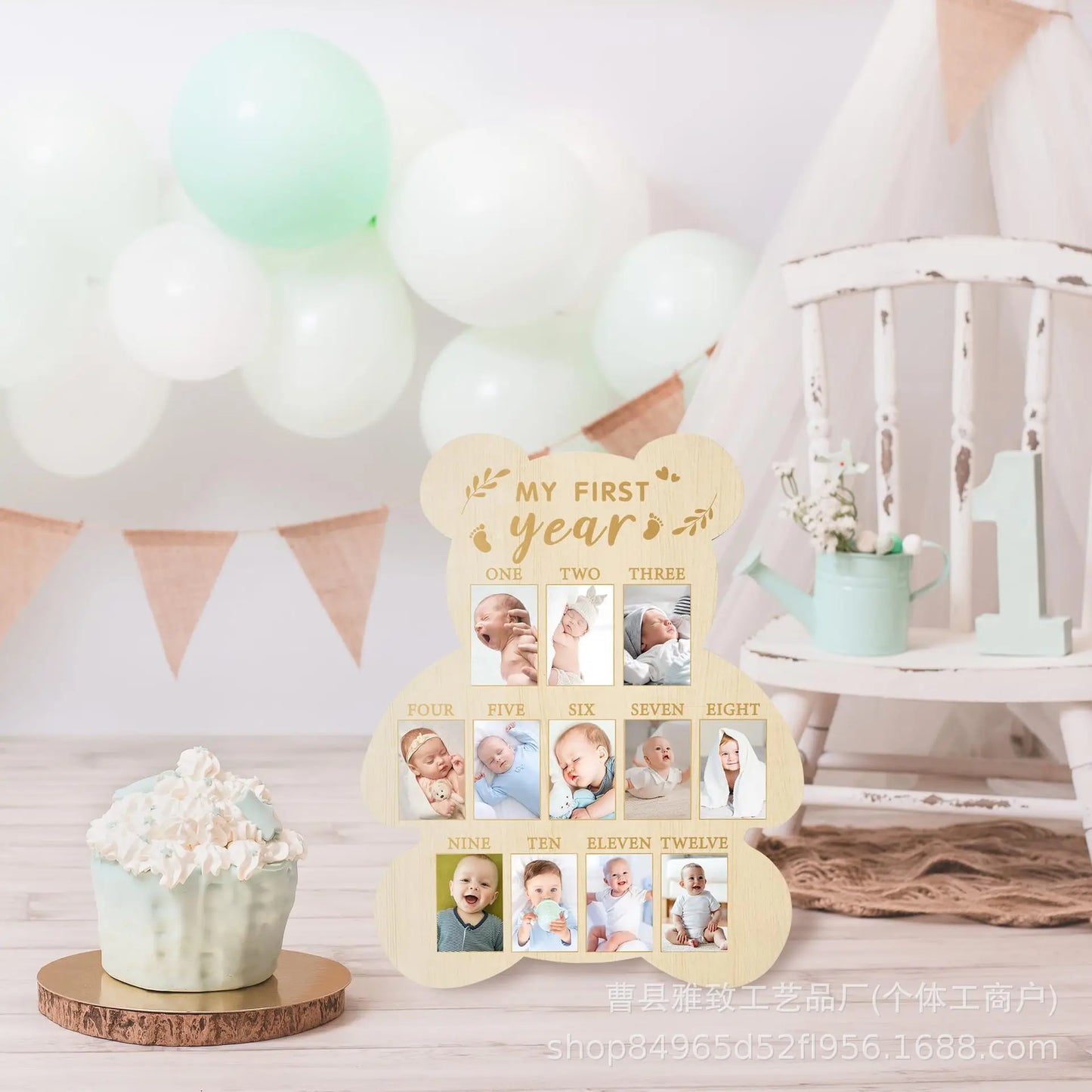 One Year Baby Birthday Photo Frame, Wooden My First Year Milestone Board, 12 Month Picture Display