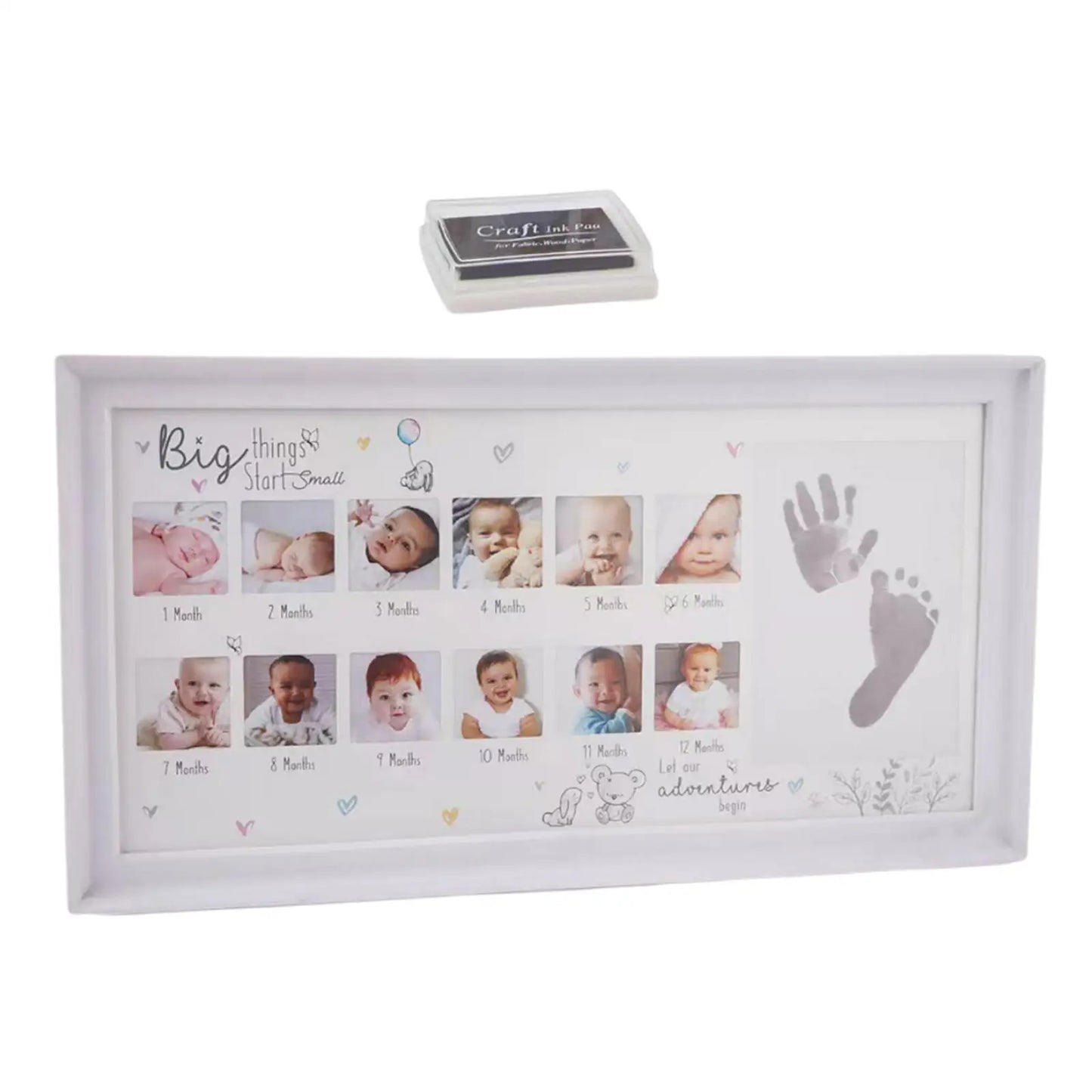 Baby Photo Frame Newborn 0-12 Month, My First Year Baby Picture Frame with Ink Pad Footprint & Handprint