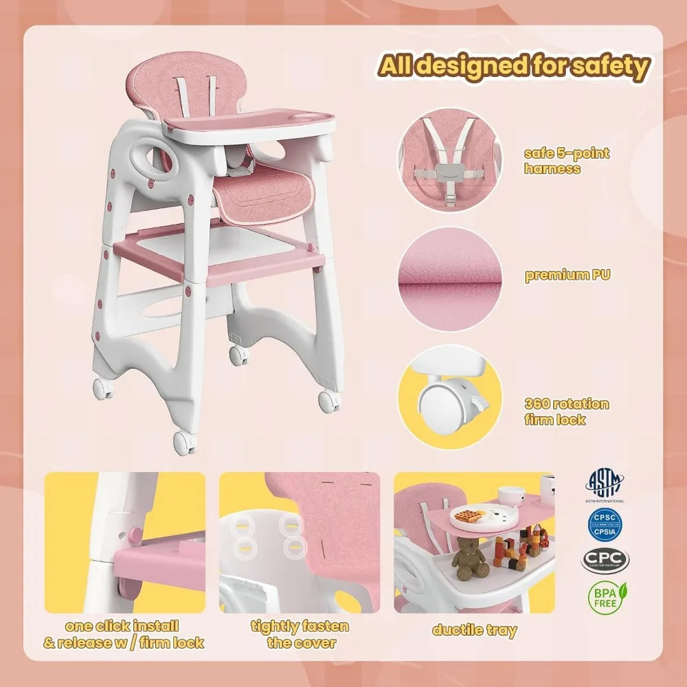 5 in 1 High Chairs for Babies and Toddlers, Multifunctional Convertible Highchair with Removeable Tray